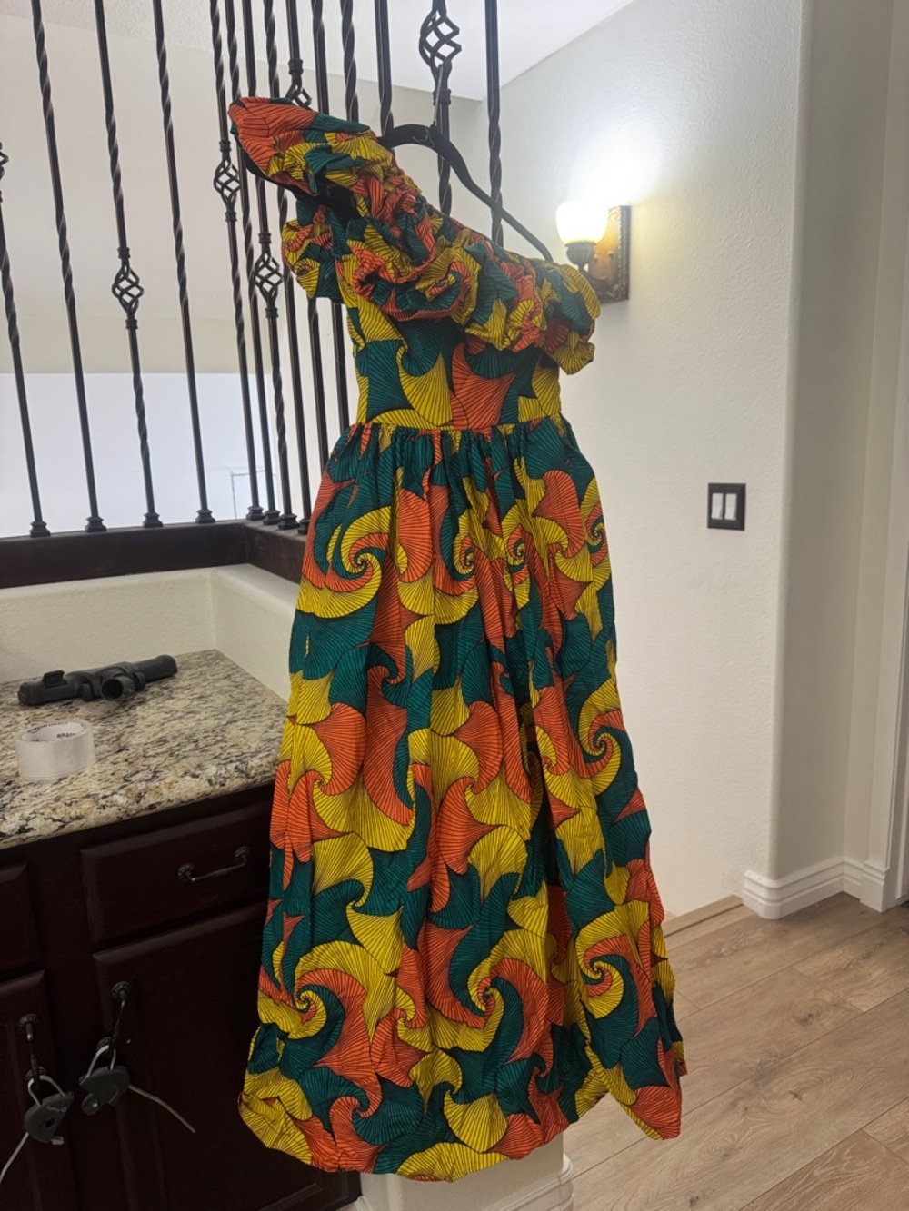 Antropologie Vibrant One-Shoulder Ruffle Maxi Dress - Yellow, Orange & Green